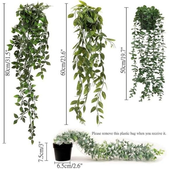 Set of 3 artificial hanging plants faux eucalyptus greenery indoor home decor - Picture 3 of 7